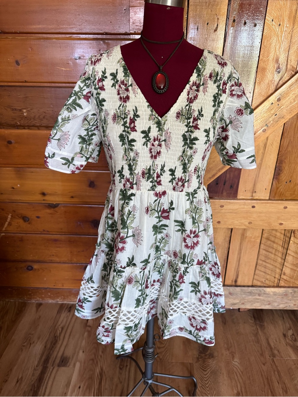 ENTRO NWT Floral V-Neck Smocked Waist Dress in Ivory and Burgundy